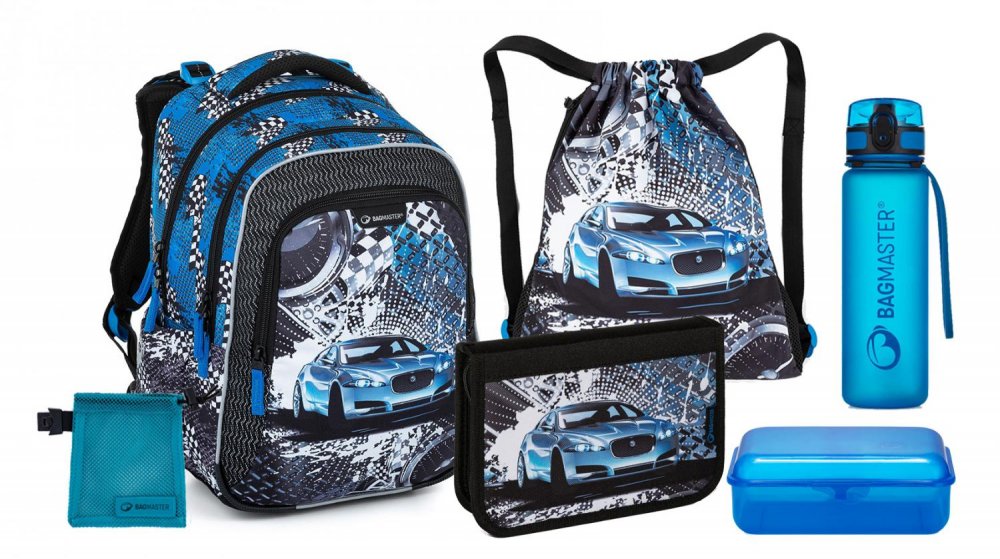Velký školní set pro prvňáčky - modré auto LUMI 23 D (batoh + penál + sáček na TV + box na svačinu + lahev + sáček na drobnosti)