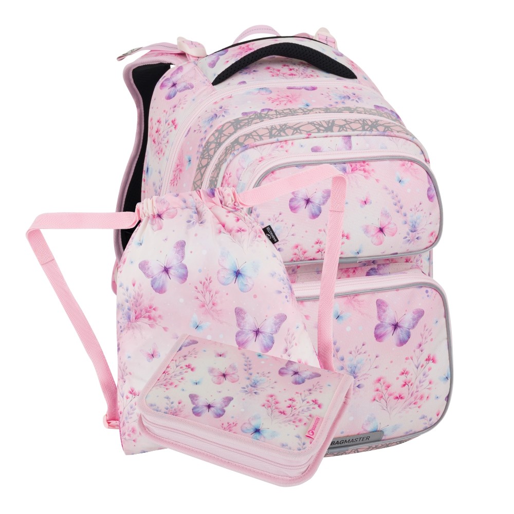 Bagmaster Malý školní set pro prvňáčky – motýlci DOPI 25 a (batoh + penál + sáček)