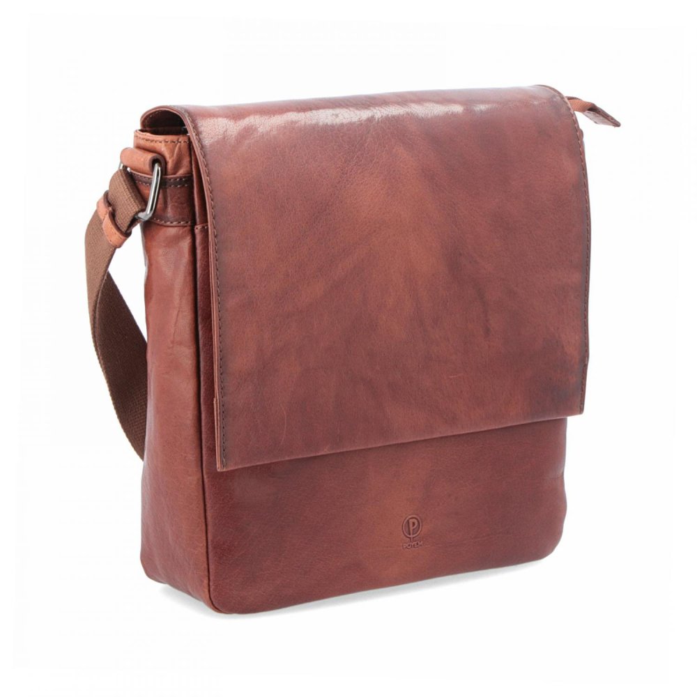 Levně Poyem Kožená crossbody taška 2207 hnědá cognac