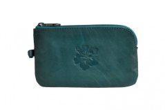 Dámská velká kožená klíčenka 1039-A petrolejová s kytičkou