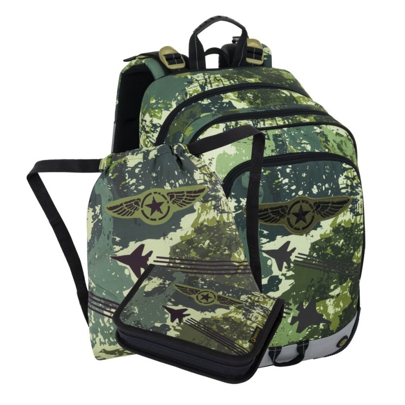 Bagmaster Malý školní set pro prvňáčky ALFA 25 B stíhačky (batoh + penál + sáček)