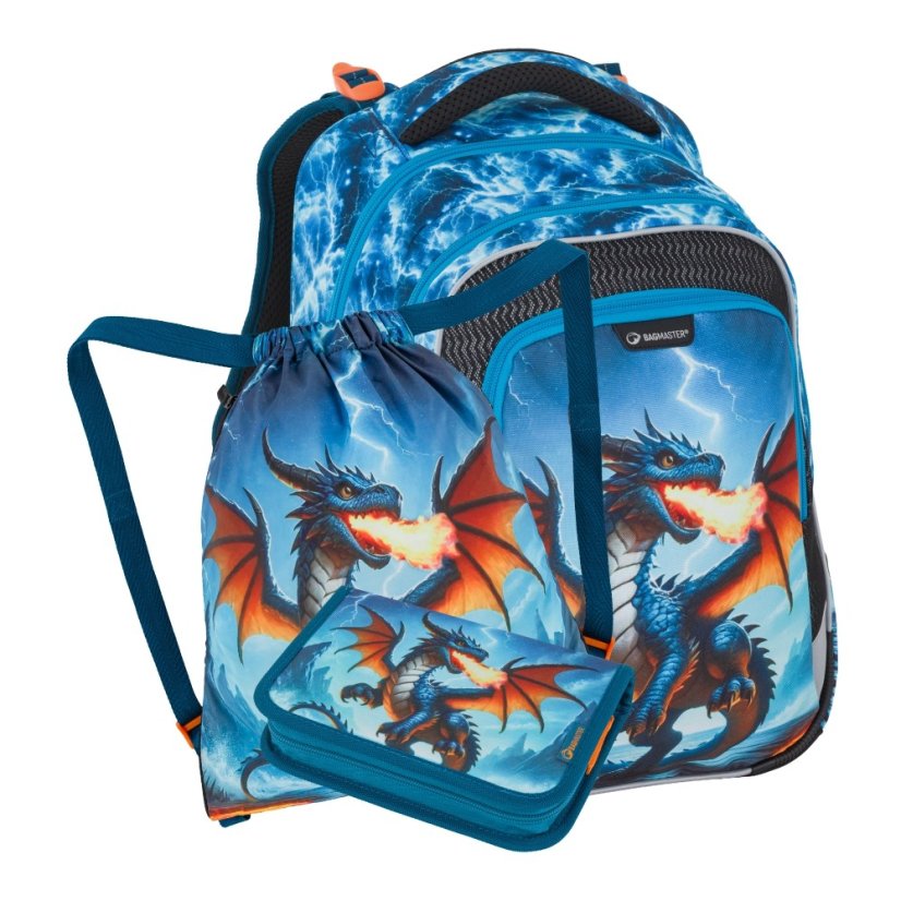 Bagmaster Malý školní set LUMI 26 D batoh, sáček a penál - drak, lehký ergonomický set pro prvňáčky