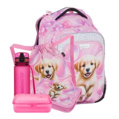Velký školní set LUMI 26 A – batoh, sáček, penál, láhev, box, ergonomický set pro prvňáčky zlatý retrívr