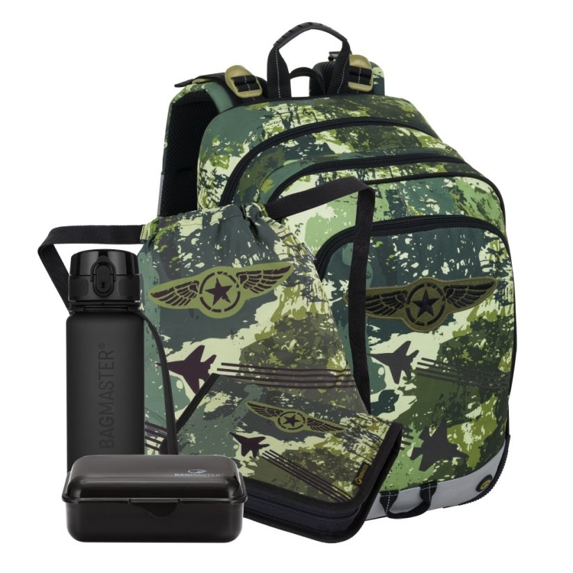 Bagmaster Velký školní set pro prvňáčky ALFA 25 B stíhačky (batoh + penál + sáček + lahev + box)