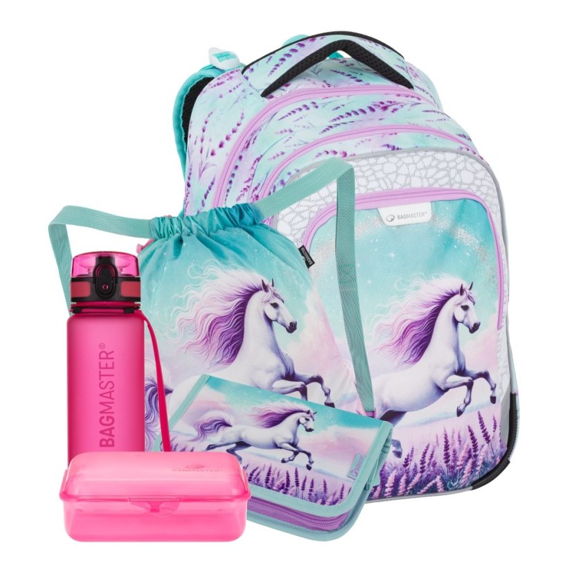 Bagmaster 'LUMI 26 B velký školní set  (batoh, sáček, penál, lahev a box )- kůň, lehký ergonomický set pro prvňáčky
