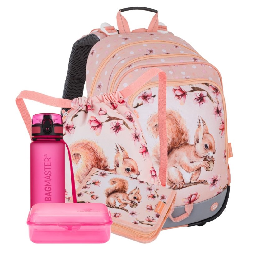 Bagmaster, Dívčí velký školní set pro prvňáčky Alfa 26 A Veverka (batoh + penál + sáček na tělocvik + lahev + box)
