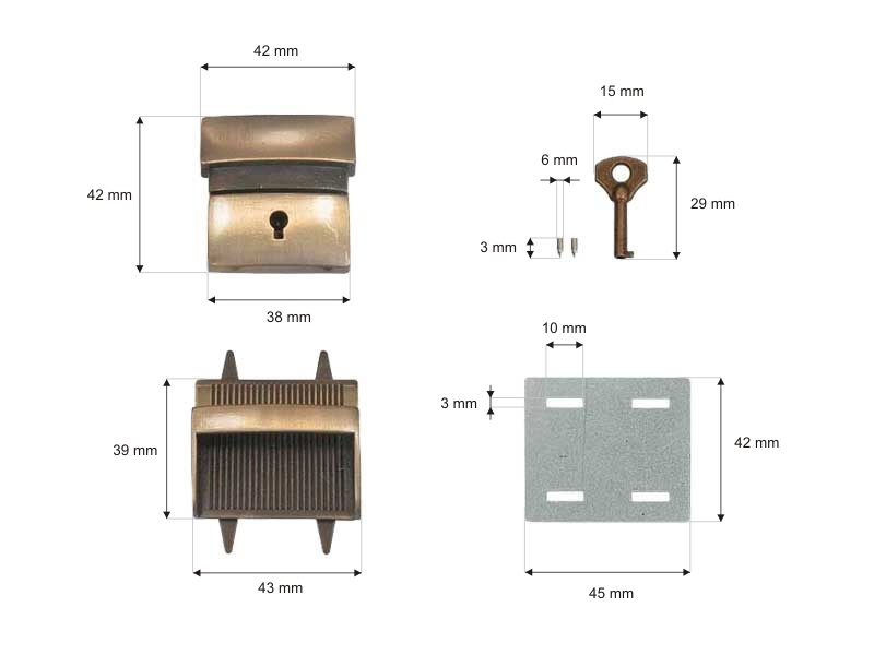 Aktovkový zámek 084 staromosaz, s klíčkem