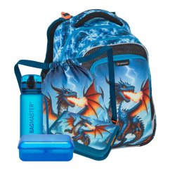 Bagmaster Velký školní set LUMI 26 D batoh, sáček, penál, lahev a box - drak, lehký ergonomický set pro prvňáčky