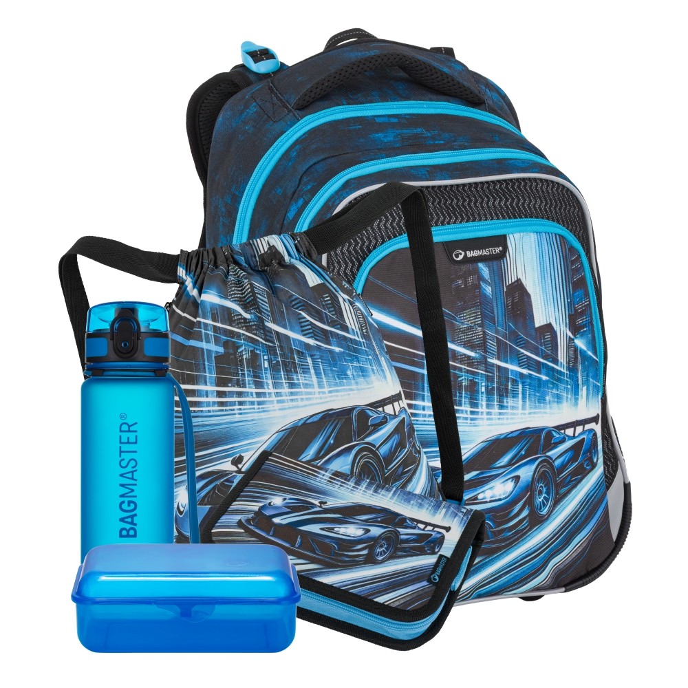 Velký školní set LUMI 26 C batoh, sáček, penál, box a lahev - auto, lehký ergonomický set pro prvňáčky